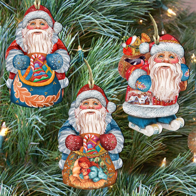 Holiday Gifts Santa Wooden Ornaments Set of 3 by G. DeBrekht - Christmas Santa Snowman Decor - 8100007S3-0