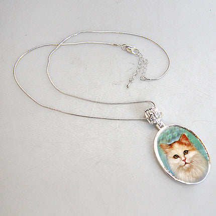 Tabby Cat Silver Plated Mother of Pearl Jewelry Pendant Necklace - 44015-3