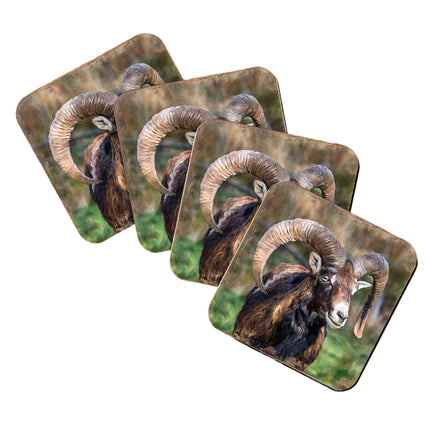 Mountain Goat Wooden Cork Coasters Gift Set of 4 by Nature Wonders - Nature Wildlife Decor  - 95369C-S4-4