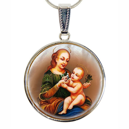 Madonna And Child Silver Plated Mother of Pearl Necklace Jewelry - 43031-1