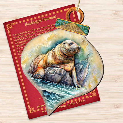 Coastal Sea Lion Wooden Ornaments by G.Debrekht - Wildlife Holiday Decor - 8710126-1