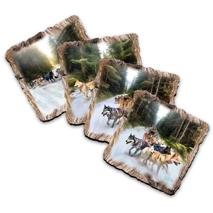 Husky Ride Wooden Cork Coasters Gift Set of 4 by Nature Wonders Nature Wildlife Decor  - 95401C-S4-4