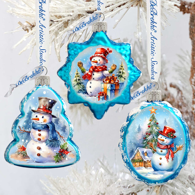 Snowmen Mercury Glass Ornaments Set of 3 by G. Debrekht - Christmas Santa Snowman Decor - 770148S3-0