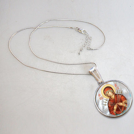Virgin Mary of The Seven Swords Silver Plated Mother of Pearl Necklace - 43037-2
