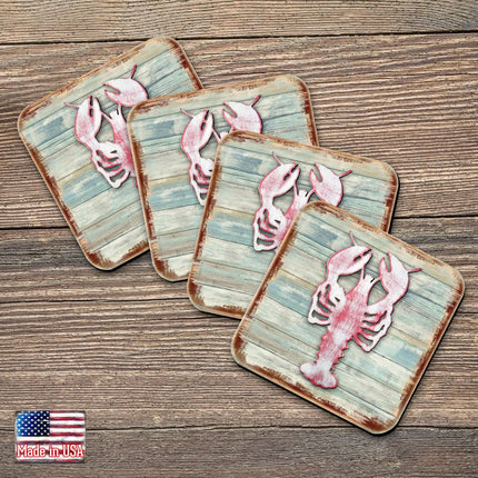 Lobster Coastal Wooden Cork Coasters Gift Set of 4 by Nature Wonders - Coastal Sea-Life Decor - 8198538-9C-S4-0