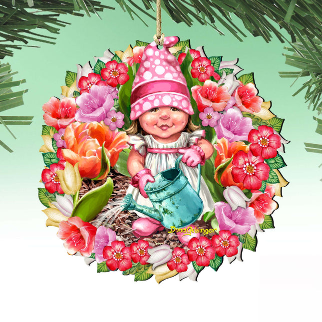 Spring Blossom Gnome Dwarf Wreath Wooden Ornaments by Gelsinger - Easter Spring Decor - 8161055-DG-0