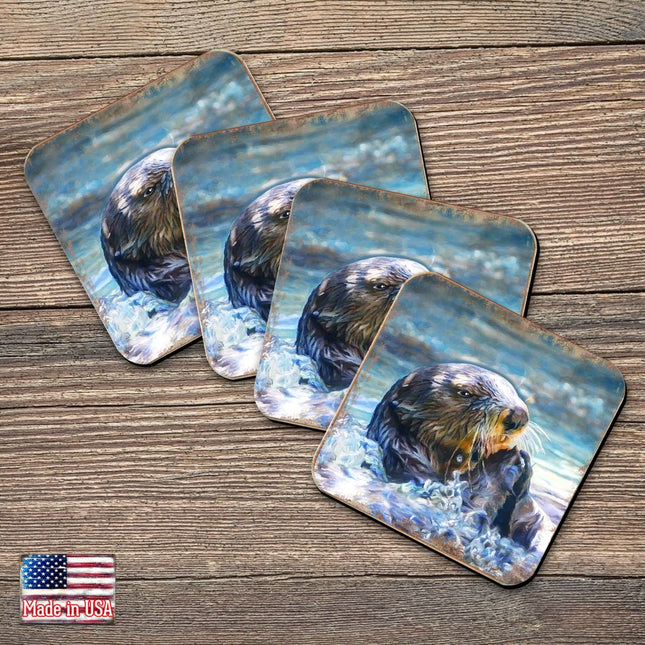 Otter Coastal Wooden Cork Coasters Gift Set of 4 by Nature Wonders - Coastal Sea-Life Decor - 95239C-S4-0