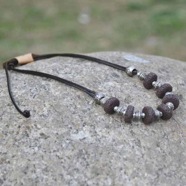 Black 7 Bead Lava Stone Essential Oils Necklace-0