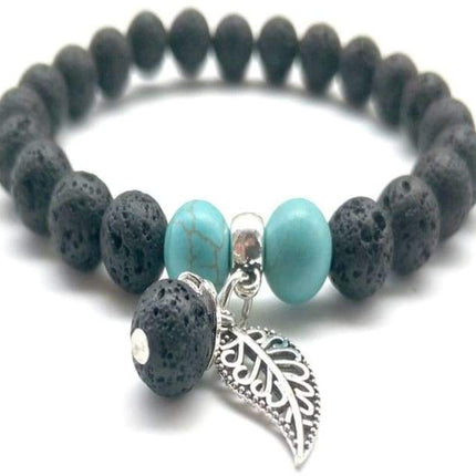 Black and Turquoise Feather Charm Lava Stone Essential Oil Bracelet-0
