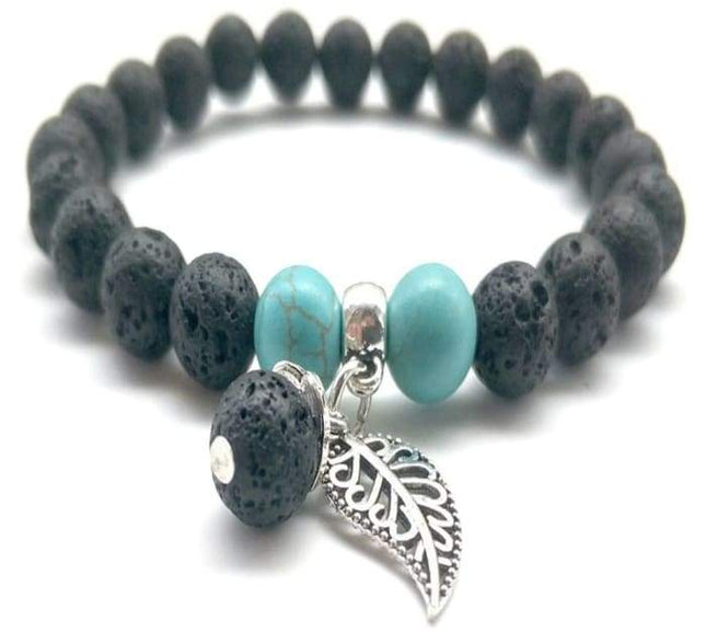 Black and Turquoise Feather Charm Lava Stone Essential Oil Bracelet-0