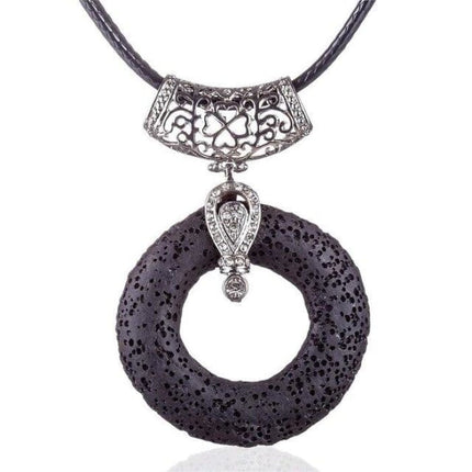 Black Circular Lava Stone Pendant Essential Oils Necklace-0