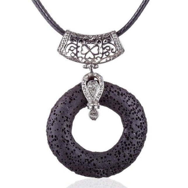 Black Circular Lava Stone Pendant Essential Oils Necklace-0
