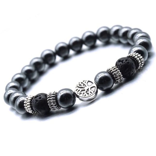 Black Tree of Life Lava Stone Metal Bracelet-0
