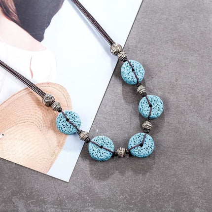 Blue 5 Bead Lava Stone Essential Oils Necklace-1