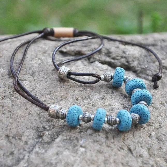 Blue 7 Bead Lava Stone Essential Oils Necklace-0