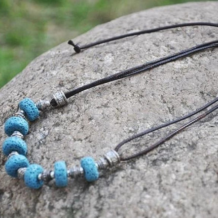Blue 7 Bead Lava Stone Essential Oils Necklace-1