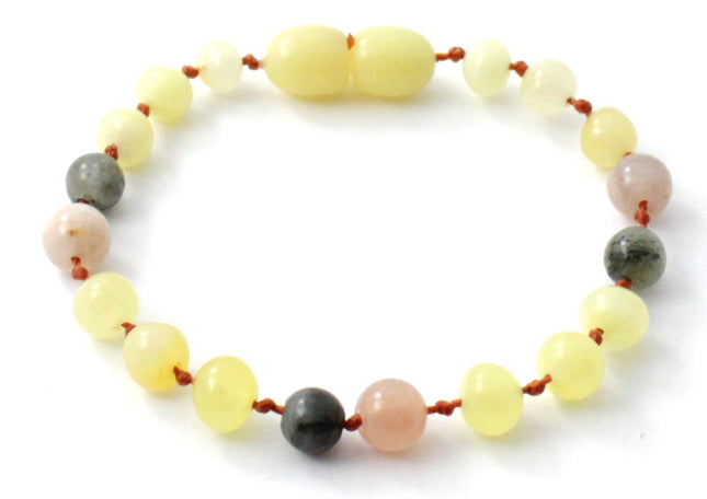 Amber Milky Polished Bracelet With Sunstone and Gray Labradorite-0