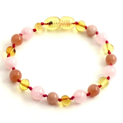 Lemon Yellow Amber Bracelet With Pink Rose Quartz and Sunstone-0