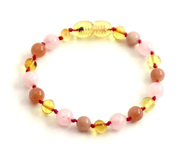 Lemon Yellow Amber Bracelet With Pink Rose Quartz and Sunstone-0