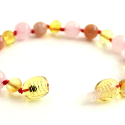 Lemon Yellow Amber Bracelet With Pink Rose Quartz and Sunstone-3
