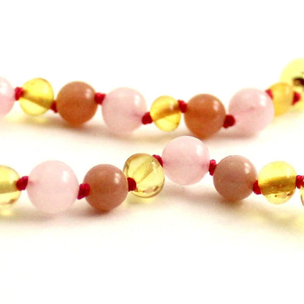 Lemon Yellow Amber Bracelet With Pink Rose Quartz and Sunstone-2