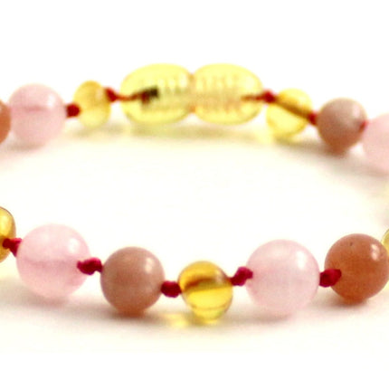 Lemon Yellow Amber Bracelet With Pink Rose Quartz and Sunstone-4