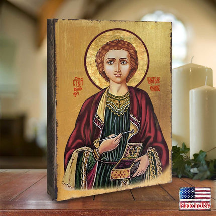 Saint Panteleimon Wooden Gold Plated Religious Orthodox Sacred Icon - Inspirational Icon Decor - 85023-1