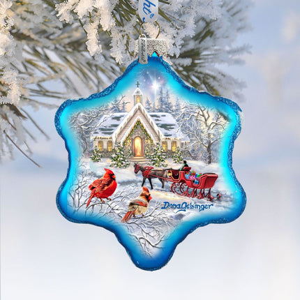 Sleigh Ride Snowflake Glass Ornament by D. Gelsinger - Christmas Santa Snowman Decor - 754-104-DG-2
