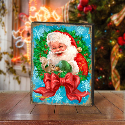 Santa Bow Wreath Art Wooden Wall Art by D. Gelsinger - Christmas Santa Snowman Decor - 95606B-1309-3