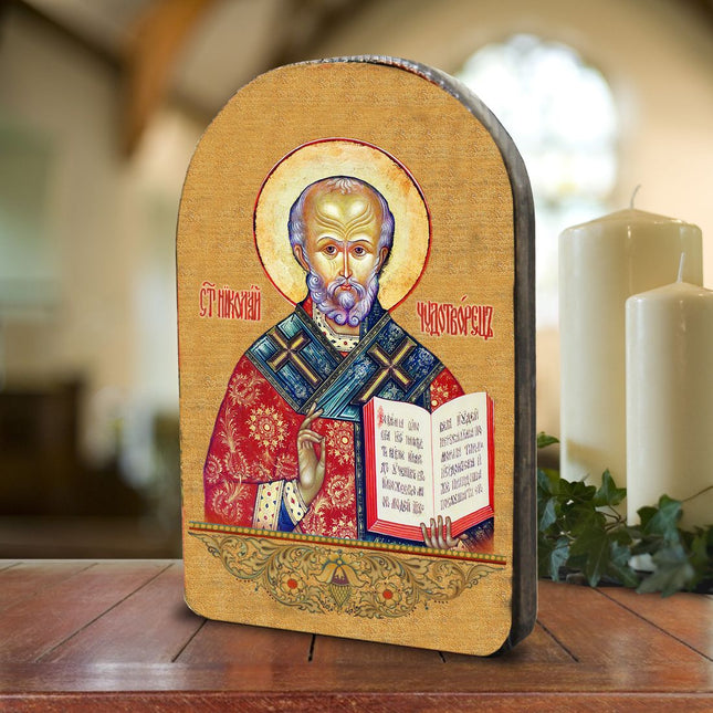 Saint Nicholas Wooden Gold Plated Religious Orthodox Sacred Icon - Inspirational Icon Decor - 86021-0