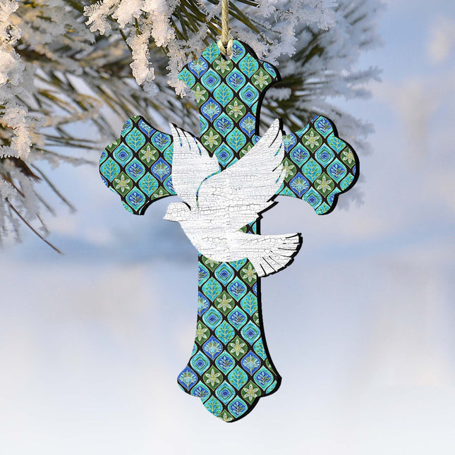 White Doves Cross Wooden Ornaments by G. DeBrekht - Nativity Holiday Decor - 8191163-2-0