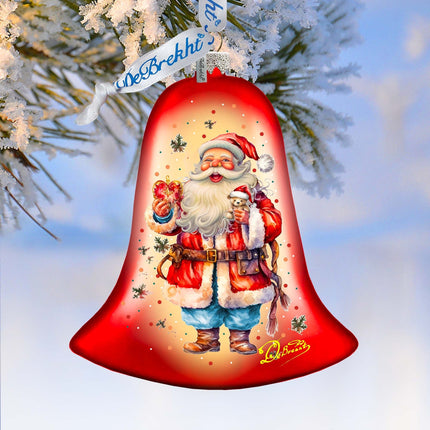 Santa Claus Spreading Christmas Happiness Bell Glass Ornament by G. Debrekht - Christmas Santa Snowman Decor - 752-042-0