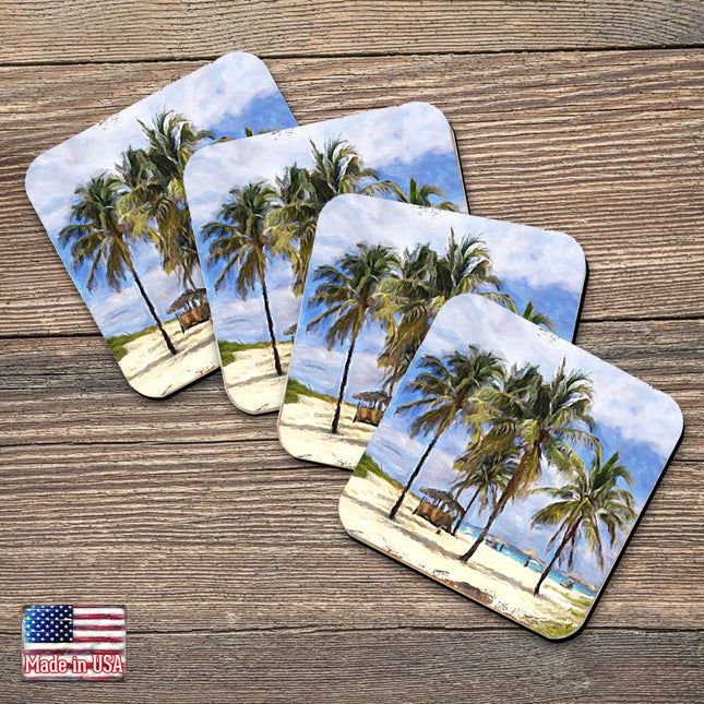 Palm Trees Beach Coastal Wooden Cork Coasters Gift Set of 4 by Nature Wonders - Coastal Sea-Life Decor - 95258C-S4-0