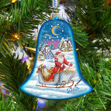 Santa Sleigh Bell Glass Ornament by G. DeBrekht - Christmas Santa Snowman Decor - 73341-2