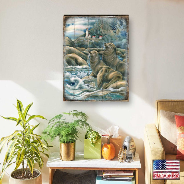 Lions of the Sea Lighthouse Caves Wooden Wall Art by J. Bergsma - Nature Wildlife Decor  - 8592883BP-JB-0