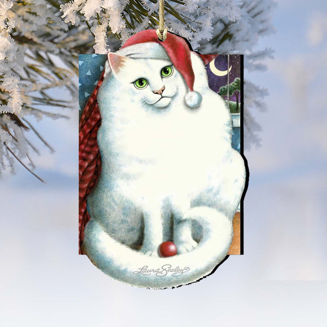 Marshmallow Santa Cat Wooden Ornaments Pets by Laura Seeley - Pets Dog and Cats Decor - 8512058-LS-0