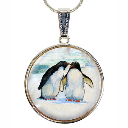 Penguins in Love Silver Plated Mother of Pearl Jewelry Pendant Necklace - 44033-2