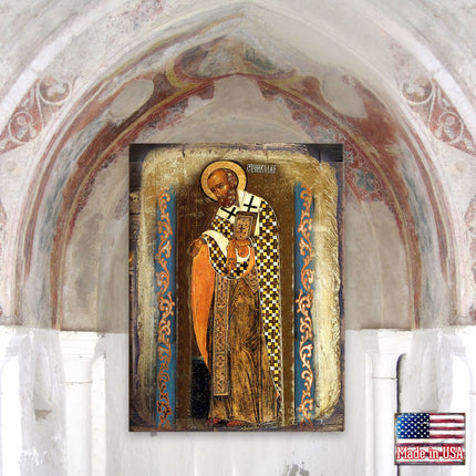 Saint Nicholas Wooden Gold Plated Religious Orthodox Sacred Icon - Inspirational Icon Decor - 85033-2