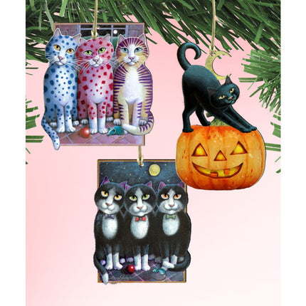 Halloween Patty Cats Wooden Ornaments Set of 3 by Laura Seeley - Thanksgiving Halloween Decor - 8100094S3-LS-0