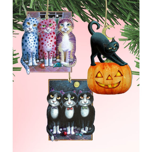 Halloween Patty Cats Wooden Ornaments Set of 3 by Laura Seeley - Thanksgiving Halloween Decor - 8100094S3-LS-0