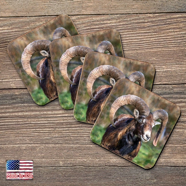 Mountain Goat Wooden Cork Coasters Gift Set of 4 by Nature Wonders - Nature Wildlife Decor  - 95369C-S4-0