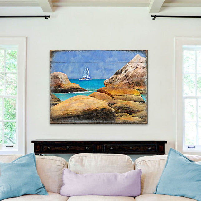 Sailboat on The Rocky Shore Wooden Coastal Wall Art by Nature Wonders - Coastal Sea-Life Decor - 95274B-0
