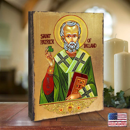 Saint Patrick Wooden Gold Plated Religious Christian Sacred Icon - Celtic Decor - 85060-1