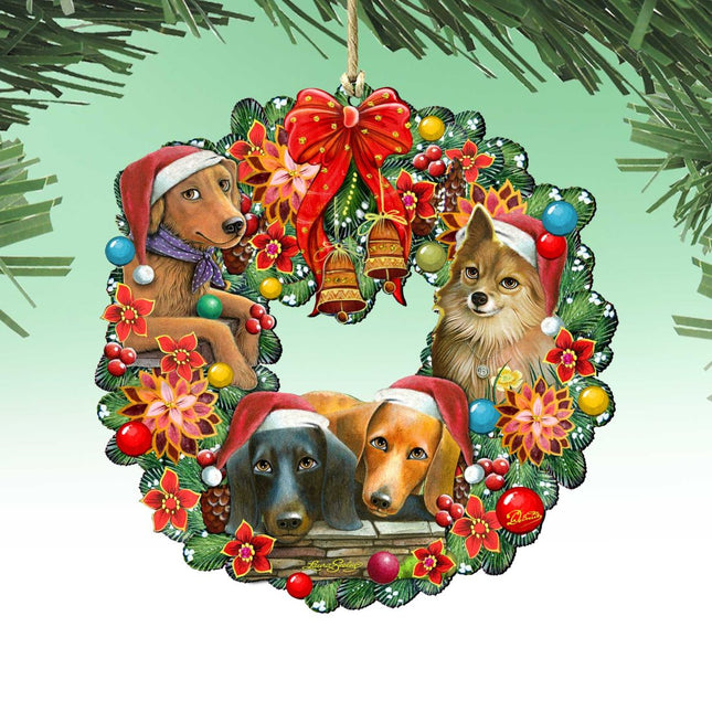 Christmas Friends Puppy Wreath Wooden Ornaments by G. DeBrekht - Pets Dog and Cats Decor - 8185307-6-SL-0