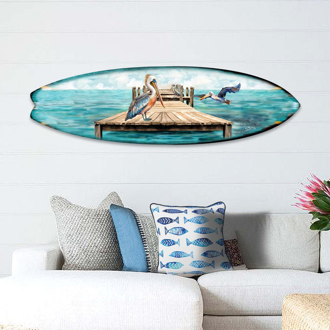 Pelican on the Pier Surfboard Coastal Wall Art by G. DeBrekht - Coastal Holiday Decor - 8490127HS-0