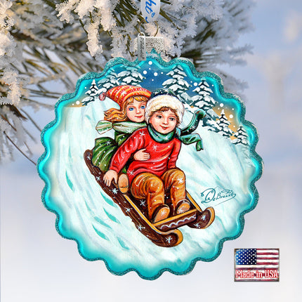 Kids Happy Sledging Wreath Glass Ornament by G. DeBrekht - Christmas Decor - 759-045-1
