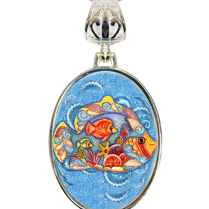 Fishy Family Silver Plated Mother of Pearl Jewelry Pendant Necklace Coastal - 44050-0