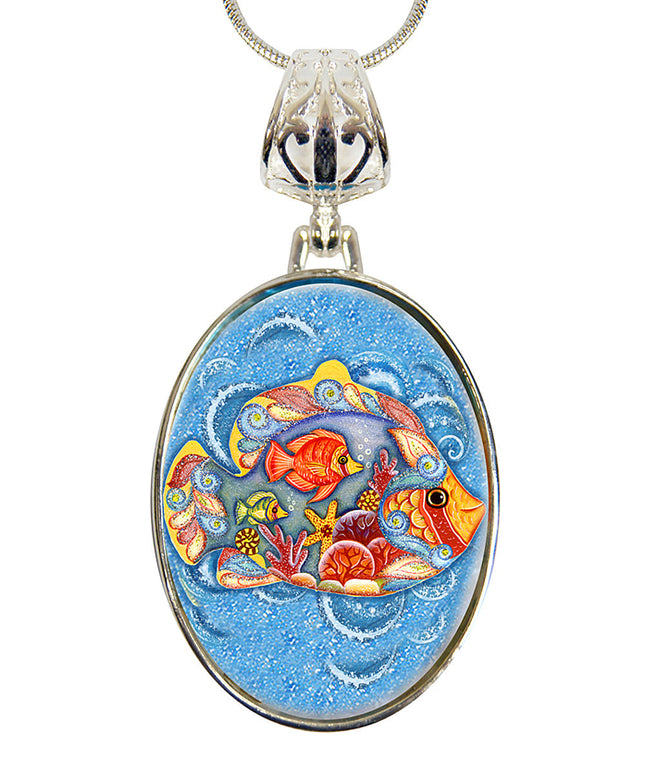 Fishy Family Silver Plated Mother of Pearl Jewelry Pendant Necklace Coastal - 44050-0