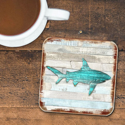 Shark Coastal Wooden Cork Coasters Gift Set of 4 by Nature Wonders - Coastal Sea-Life Decor - 8198515-9C-S4-1