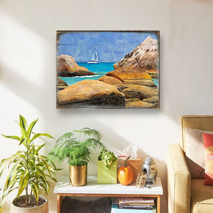 Sailboat on The Rocky Shore Wooden Coastal Wall Art by Nature Wonders - Coastal Sea-Life Decor - 95274B-2